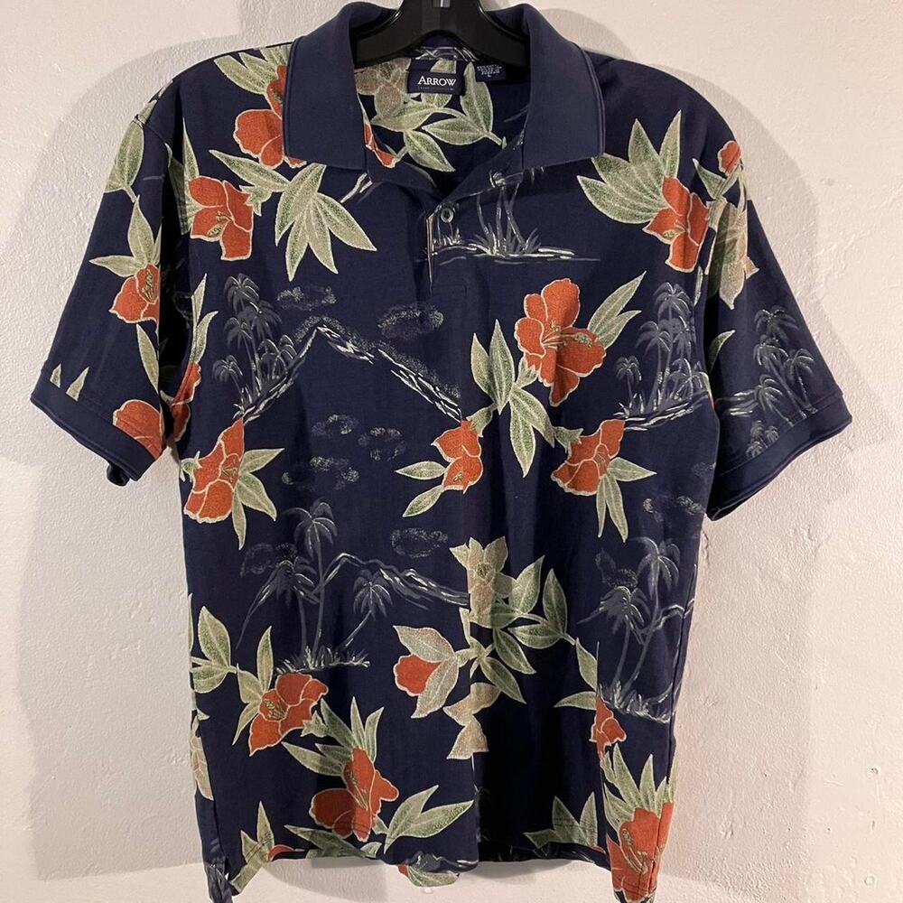 Arrow Hawaiian Navy Blue Polo Shirt‎ Rayon Blend Large